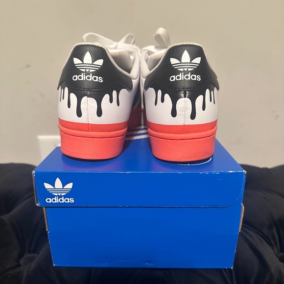 Adidas Superstar J Sneakers – White with Black Stripes & Red-ish Pink Sole - Picture 4 of 5